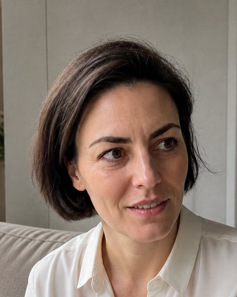 Tereza Krizova, žena s tmavými vlasy po bradu a v krémové halence, v obývacím pokoji
